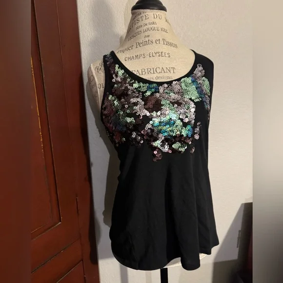 Express Small Black Green Silver Sequin Tank Top - Picture 7 of 14